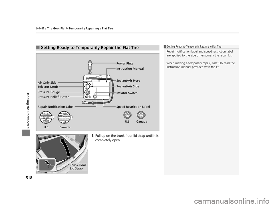 Acura TLX 2019 Owners Guide uuIf a Tire Goes Flat uTemporarily Repairing a Flat Tire
518
Handling the Unexpected
1. Pull up on the trunk floor lid strap until it is 
completely open.
■Getting Ready to Temporarily Repair the Fl