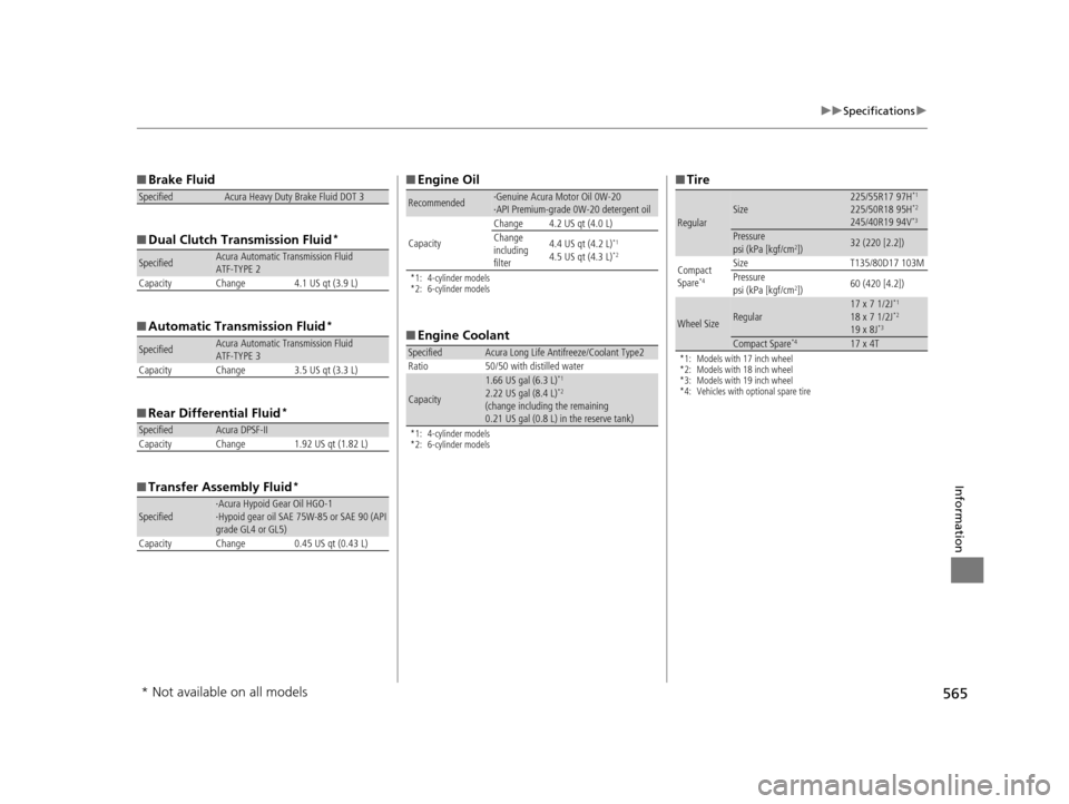 Acura TLX 2019 Owners Guide 565
uuSpecifications u
Information
■Brake Fluid
■ Dual Clutch Transmission Fluid
*
■Automatic Transmission Fluid*
■Rear Differential Fluid*
■Transfer Assembly Fluid*
SpecifiedAcura Heavy Dut
