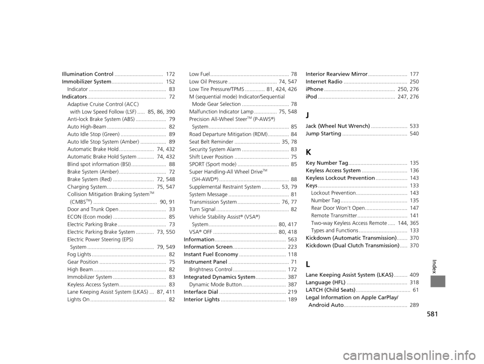 Acura TLX 2019 Owners Guide 581
Index
Illumination Control................................  172
Immobilizer System ..................................  152
Indicator ...................................................  83
Indicat