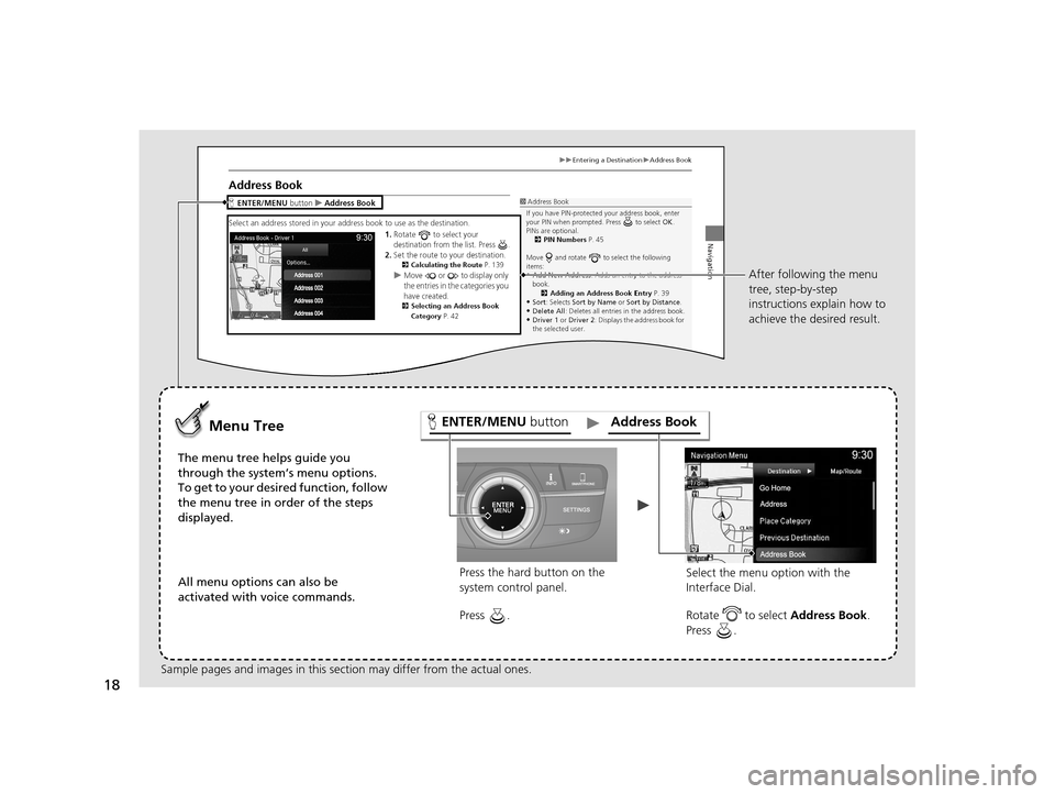Acura TLX 2019 Navigation Manual 18
Press the hard button on the
system control panel.
Menu Tree
The menu tree helps guide you
through the system’s menu options.
To get to your desired function, follow
the menu tree in order of Acura TLX 2019 Navigation Manual 18
Press the hard button on the
system control panel.
Menu Tree
The menu tree helps guide you
through the system’s menu options.
To get to your desired function, follow
the menu tree in order of