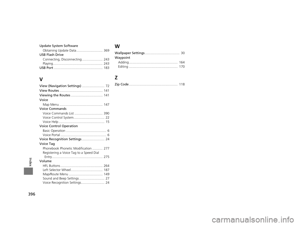 Acura TLX 2019 Navigation Manual 396
Index
Update System SoftwareObtaining Update Data ............................ 369
USB Flash Drive
Connecting, Disconnecting ...................... 243
Playing..................................... Acura TLX 2019 Navigation Manual 396
Index
Update System SoftwareObtaining Update Data ............................ 369
USB Flash Drive
Connecting, Disconnecting ...................... 243
Playing.....................................