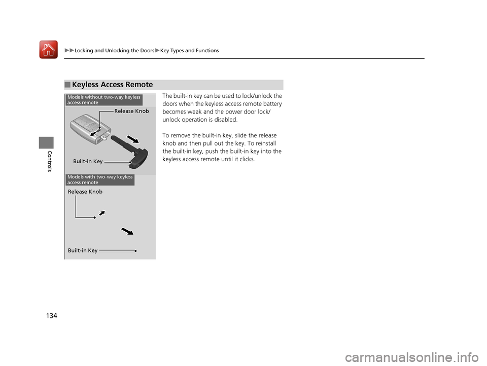 Acura TLX 2018 Owners Manual 134
uuLocking and Unlocking the Doors uKey Types and Functions
Controls
The built-in key can be us ed to lock/unlock the
doors when the keyless access remote battery
becomes weak and th e power doo Acura TLX 2018 Owners Manual 134
uuLocking and Unlocking the Doors uKey Types and Functions
Controls
The built-in key can be us ed to lock/unlock the
doors when the keyless access remote battery
becomes weak and th e power doo