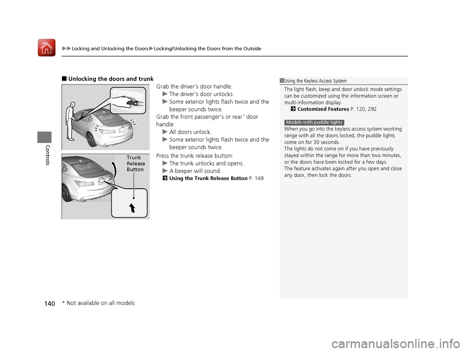 Acura TLX 2018 Owners Manual uuLocking and Unlocking the Doors uLocking/Unlocking the Doors from the Outside
140
Controls
■Unlocking the doors and trunk
Grab the driver’s door handle:u The driver’s door unlocks.
u Some exte Acura TLX 2018 Owners Manual uuLocking and Unlocking the Doors uLocking/Unlocking the Doors from the Outside
140
Controls
■Unlocking the doors and trunk
Grab the driver’s door handle:u The driver’s door unlocks.
u Some exte