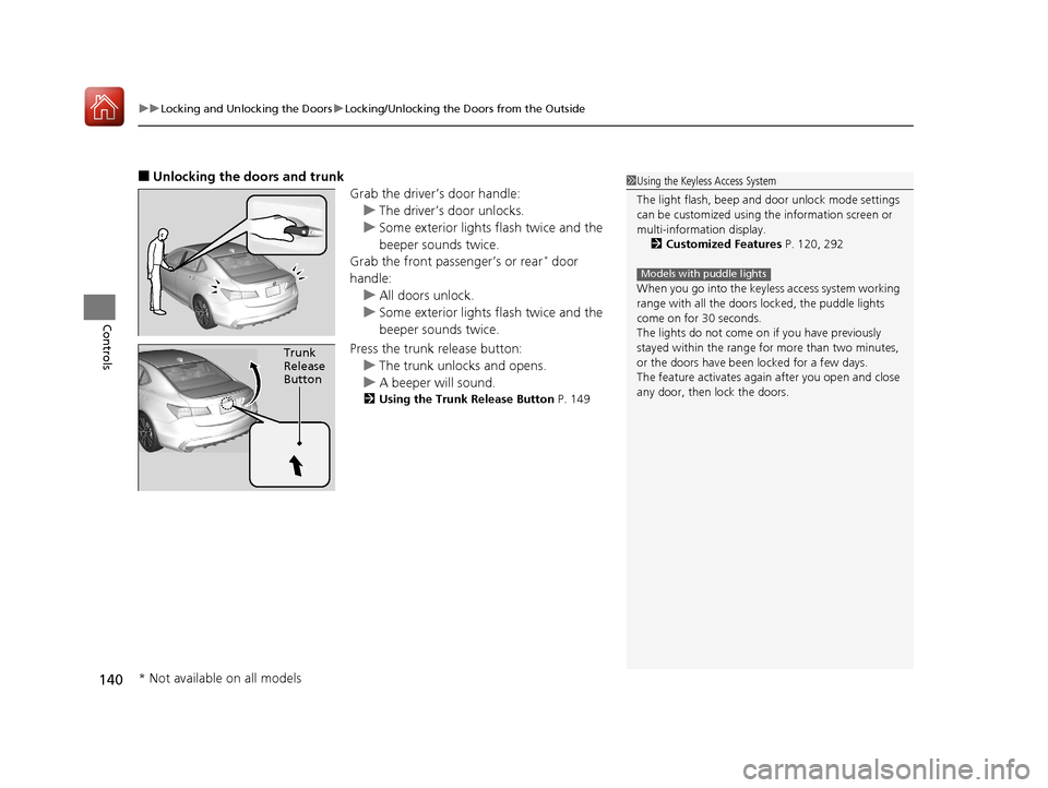 Acura TLX 2018  Owners Manual uuLocking and Unlocking the Doors uLocking/Unlocking the Doors from the Outside
140
Controls
■Unlocking the doors and trunk
Grab the driver’s door handle:u The driver’s door unlocks.
u Some exte