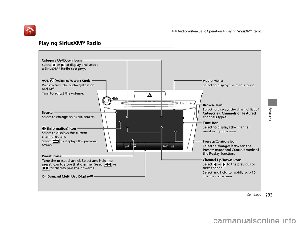 Acura TLX 2018 Owners Manual 233
uuAudio System Basic Operation uPlaying SiriusXM ® Radio
Continued
Features
Playing SiriusXM® Radio
On Demand Multi-Use DisplayTM
VOL/ (Volume/Power) Knob
Press to turn the audio system on
an Acura TLX 2018 Owners Manual 233
uuAudio System Basic Operation uPlaying SiriusXM ® Radio
Continued
Features
Playing SiriusXM® Radio
On Demand Multi-Use DisplayTM
VOL/ (Volume/Power) Knob
Press to turn the audio system on
an
