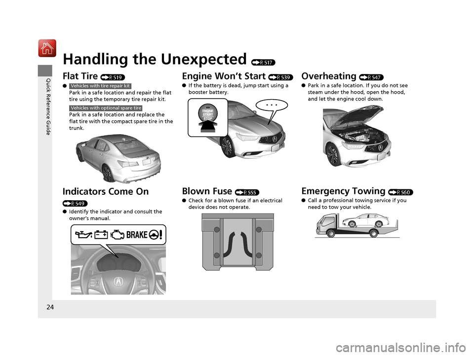 Acura TLX 2018  Owners Manual 24
Quick Reference Guide
Handling the Unexpected (P517)
Flat Tire (P519)
● Park in a safe location and repair the flat 
tire using the temporary tire repair kit.
Park in a safe location and replace 