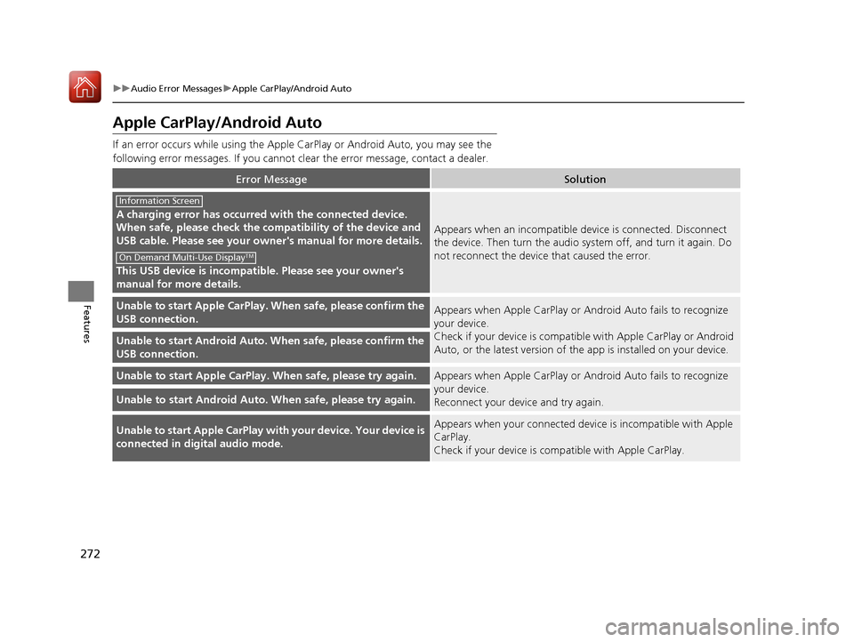 Acura TLX 2018 Owners Manual 272
uuAudio Error Messages uApple CarPlay/Android Auto
Features
Apple CarPlay/Android Auto
If an error occurs while using the Apple CarPlay or Android Auto, you may see the
following error messages. Acura TLX 2018 Owners Manual 272
uuAudio Error Messages uApple CarPlay/Android Auto
Features
Apple CarPlay/Android Auto
If an error occurs while using the Apple CarPlay or Android Auto, you may see the
following error messages.