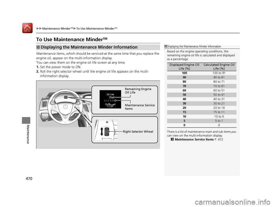 Acura TLX 2018 Owners Manual 470
uuMaintenance MinderTMuTo Use Maintenance MinderTM
Maintenance
To Use Maintenance MinderTM
Maintenance items, which should be serviced at the same time that you replace the
engine oil, appear on Acura TLX 2018 Owners Manual 470
uuMaintenance MinderTMuTo Use Maintenance MinderTM
Maintenance
To Use Maintenance MinderTM
Maintenance items, which should be serviced at the same time that you replace the
engine oil, appear on