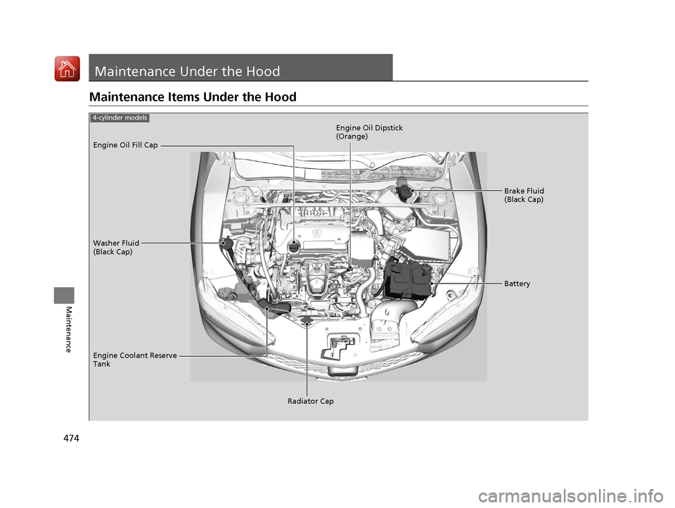 Acura TLX 2018  Owners Manual 474
Maintenance
Maintenance Under the Hood
Maintenance Items Under the Hood
Brake Fluid 
(Black Cap)
Washer Fluid 
(Black Cap) Engine Oil Dipstick 
(Orange)
Engine Oil Fill Cap
Battery
Engine Coolant 