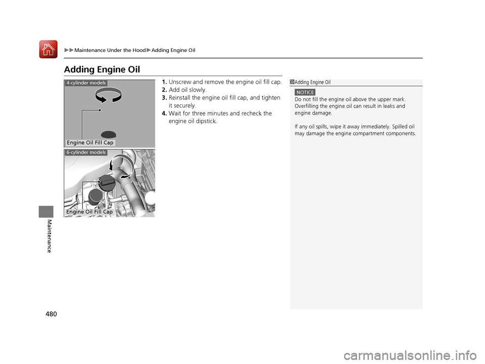 Acura TLX 2018 Owners Manual 480
uuMaintenance Under the Hood uAdding Engine Oil
Maintenance
Adding Engine Oil
1. Unscrew and remove the engine oil fill cap.
2. Add oil slowly.
3. Reinstall the engine oil fill cap, and tighten
i Acura TLX 2018 Owners Manual 480
uuMaintenance Under the Hood uAdding Engine Oil
Maintenance
Adding Engine Oil
1. Unscrew and remove the engine oil fill cap.
2. Add oil slowly.
3. Reinstall the engine oil fill cap, and tighten
i