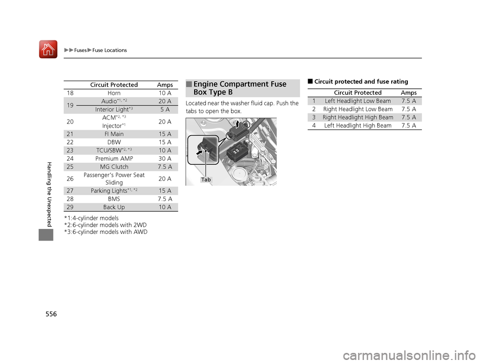 Acura TLX 2018  Owners Manual 556
uuFuses uFuse Locations
Handling the Unexpected
*1:4-cylinder models
*2:6-cylinder models with 2WD
*3:6-cylinder models with AWD
Circuit ProtectedAmps
18 Horn 10 A
19Audio*1, *220 A
Interior Light