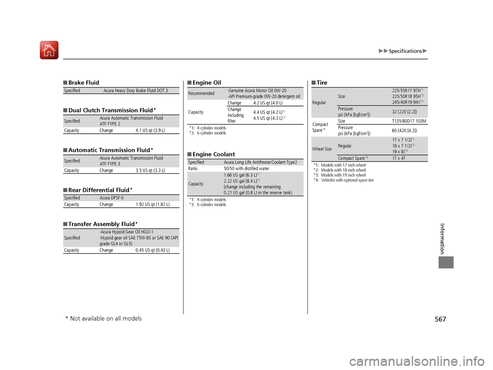 Acura TLX 2018  Owners Manual 567
uuSpecifications u
Information
■Brake Fluid
■ Dual Clutch Transmission Fluid
*
■Automatic Transmission Fluid*
■Rear Differential Fluid*
■Transfer Assembly Fluid*
SpecifiedAcura Heavy Dut