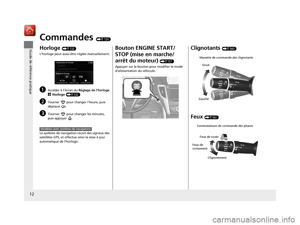 Acura TLX 2018 Manuel du propriétaire (in French) 12
Guide de référence pratique
Commandes (P 131)
Horloge (P132)
L’horloge peut aussi être réglée manuellement.
aAccéder à l’écran du Réglage de l’horloge.
2Horloge (P132)
bTourner po Acura TLX 2018 Manuel du propriétaire (in French) 12
Guide de référence pratique
Commandes (P 131)
Horloge (P132)
L’horloge peut aussi être réglée manuellement.
aAccéder à l’écran du Réglage de l’horloge.
2Horloge (P132)
bTourner po