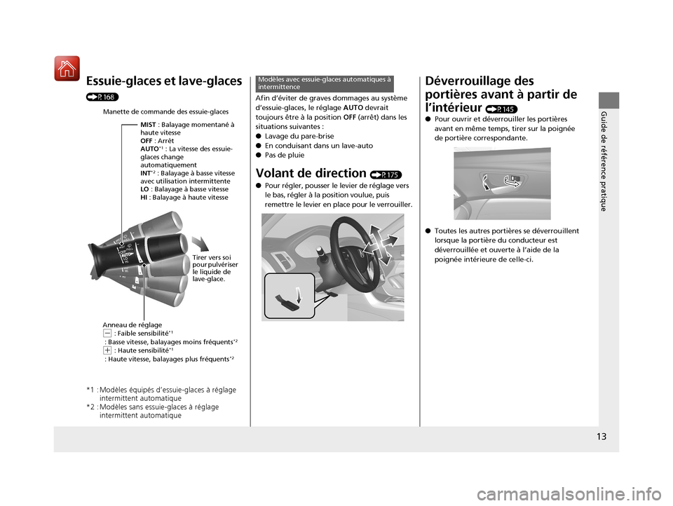 Acura TLX 2018  Manuel du propriétaire (in French) 13
Guide de référence pratique
Essuie-glaces et lave-glaces 
(P168)
*1 : Modèles équipés d’essuie-glaces à réglage 
intermittent automatique
*2 : Modèles sans essuie-glaces à réglage  inte