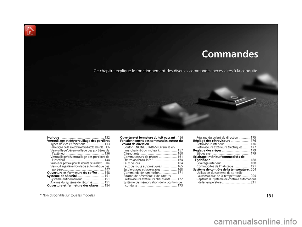 Acura TLX 2018 Manuel du propriétaire (in French) 131
Commandes
Ce chapitre explique le fonctionnement des diverses commandes nécessaires à la conduite.
Horloge.................................................. 132
Verrouillage et déverrouillage d Acura TLX 2018 Manuel du propriétaire (in French) 131
Commandes
Ce chapitre explique le fonctionnement des diverses commandes nécessaires à la conduite.
Horloge.................................................. 132
Verrouillage et déverrouillage d