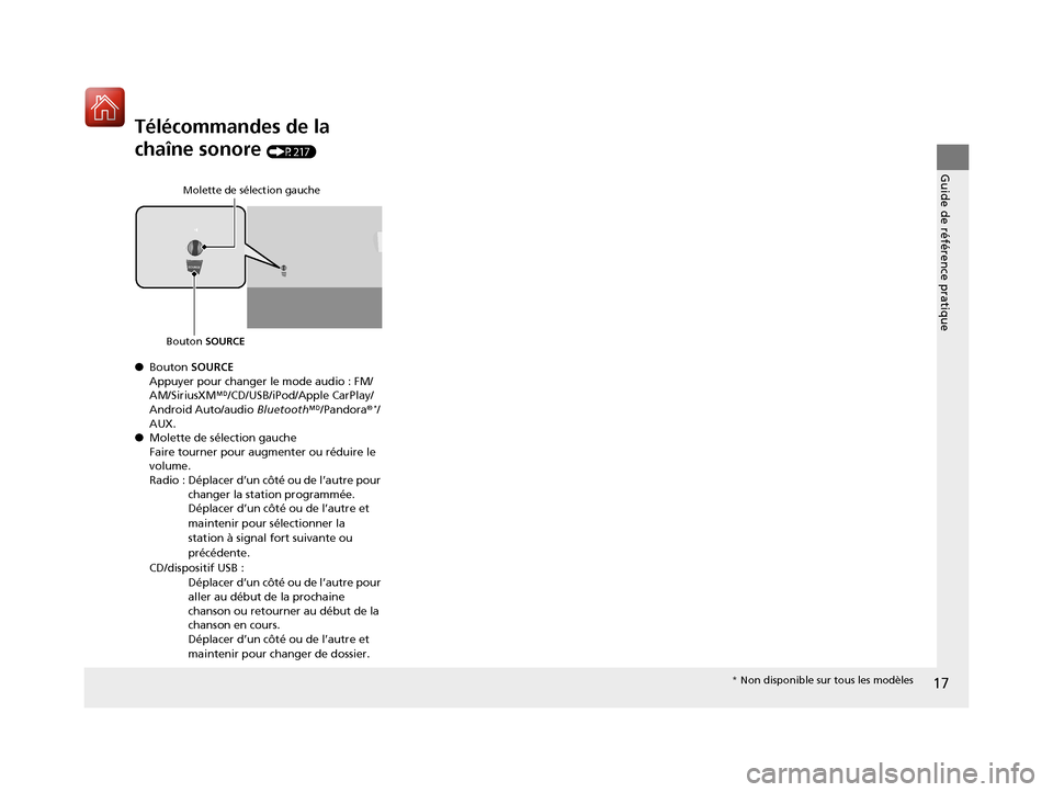 Acura TLX 2018  Manuel du propriétaire (in French) 17
Guide de référence pratique
Télécommandes de la 
chaîne sonore 
(P217)
● Bouton  SOURCE
Appuyer pour changer le mode audio : FM/
AM/SiriusXM M/CD/USB/iPod/Apple CarPlay/
Android Auto/audio  
