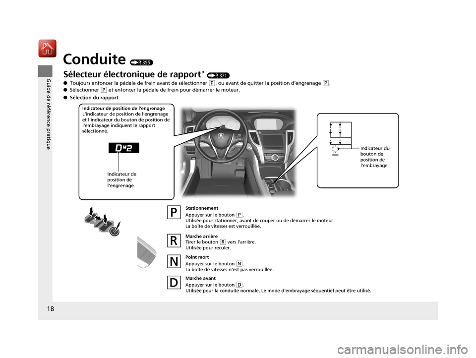 Acura TLX 2018 Manuel du propriétaire (in French) 18
Guide de référence pratique
Conduite (P355)
Sélecteur électronique de rapport* (P371)
● Toujours enfoncer la pédale de frein avant de sélectionner (P , ou avant de quitter la position d’ Acura TLX 2018 Manuel du propriétaire (in French) 18
Guide de référence pratique
Conduite (P355)
Sélecteur électronique de rapport* (P371)
● Toujours enfoncer la pédale de frein avant de sélectionner (P , ou avant de quitter la position d’