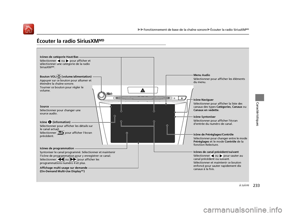 Acura TLX 2018 Manuel du propriétaire (in French) 233
uuFonctionnement de base de la chaîne sonore uÉcouter la radio SiriusXM M
à suivre
Caractéristiques
Écouter la radio SiriusXM M
Affichage multi-usage sur demande
(On-Demand Multi-Use Display Acura TLX 2018 Manuel du propriétaire (in French) 233
uuFonctionnement de base de la chaîne sonore uÉcouter la radio SiriusXM M
à suivre
Caractéristiques
Écouter la radio SiriusXM M
Affichage multi-usage sur demande
(On-Demand Multi-Use Display