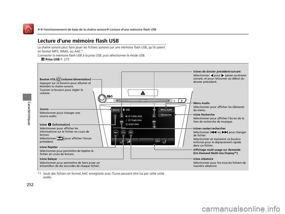 Acura TLX 2018 Manuel du propriétaire (in French) 252
uuFonctionnement de base de la chaîne sonore uLecture d’une mémoire flash USB
Caractéristiques
Lecture d’une mémoire flash USB
La chaîne sonore peut faire joue r les fichiers sonores sur Acura TLX 2018 Manuel du propriétaire (in French) 252
uuFonctionnement de base de la chaîne sonore uLecture d’une mémoire flash USB
Caractéristiques
Lecture d’une mémoire flash USB
La chaîne sonore peut faire joue r les fichiers sonores sur