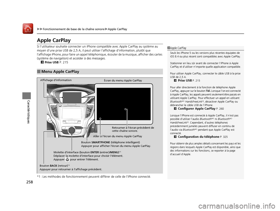 Acura TLX 2018 Manuel du propriétaire (in French) 258
uuFonctionnement de base de la chaîne sonore uApple CarPlay
Caractéristiques
Apple CarPlay
Si l’utilisateur souhaite connect er un iPhone compatible avec Apple CarPlay au système au
moyen dâ Acura TLX 2018 Manuel du propriétaire (in French) 258
uuFonctionnement de base de la chaîne sonore uApple CarPlay
Caractéristiques
Apple CarPlay
Si l’utilisateur souhaite connect er un iPhone compatible avec Apple CarPlay au système au
moyen dâ