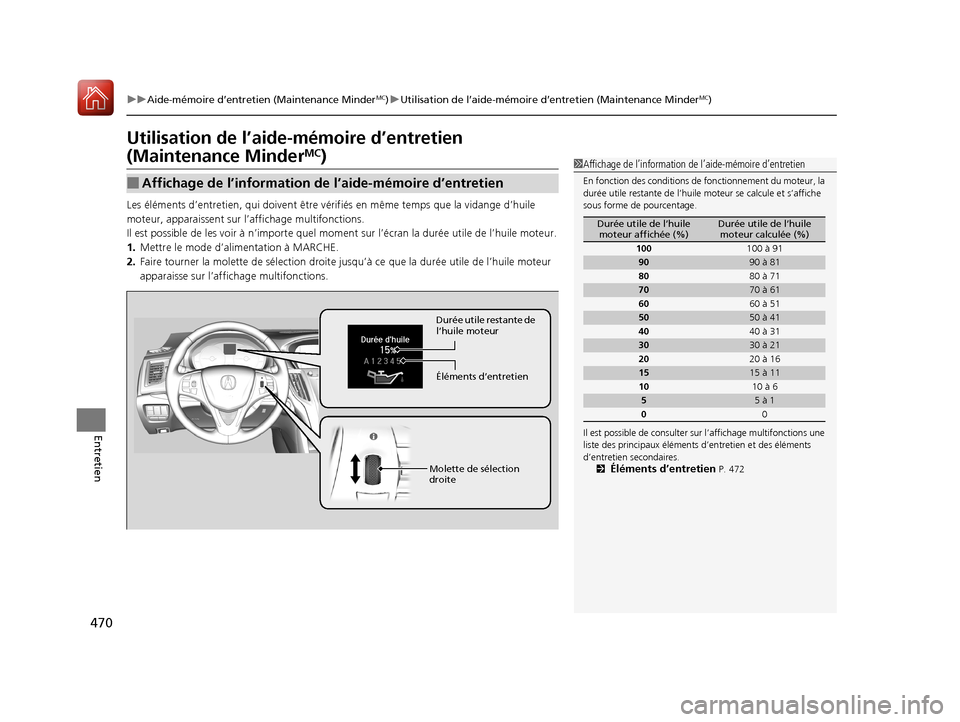 Acura TLX 2018 Manuel du propriétaire (in French) 470
uuAide-mémoire d’entretien (Maintenance MinderMC)u Utilisation de l’aide-mémoire d’entretien (Maintenance MinderMC)
Entretien
Utilisation de l’aide-mémoire d’entretien
(Maintenance M Acura TLX 2018 Manuel du propriétaire (in French) 470
uuAide-mémoire d’entretien (Maintenance MinderMC)u Utilisation de l’aide-mémoire d’entretien (Maintenance MinderMC)
Entretien
Utilisation de l’aide-mémoire d’entretien
(Maintenance M