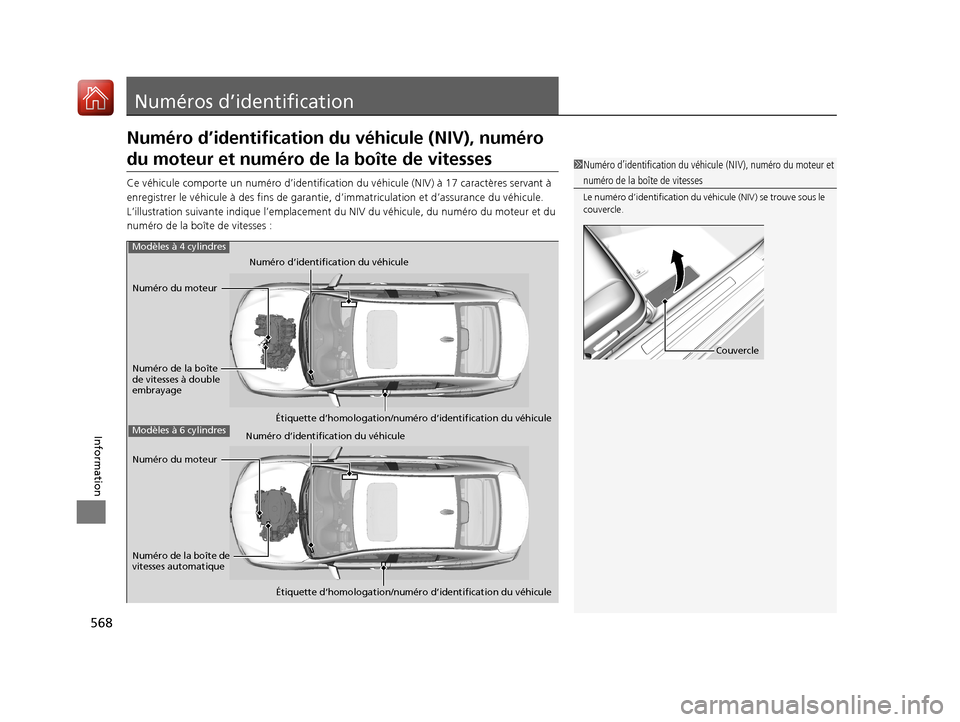 Acura TLX 2018 Manuel du propriétaire (in French) 568
Information
Numéros d’identification
Numéro d’identification du véhicule (NIV), numéro
du moteur et numéro de la boîte de vitesses
Ce véhicule comporte un numér o d’identification d Acura TLX 2018 Manuel du propriétaire (in French) 568
Information
Numéros d’identification
Numéro d’identification du véhicule (NIV), numéro
du moteur et numéro de la boîte de vitesses
Ce véhicule comporte un numér o d’identification d