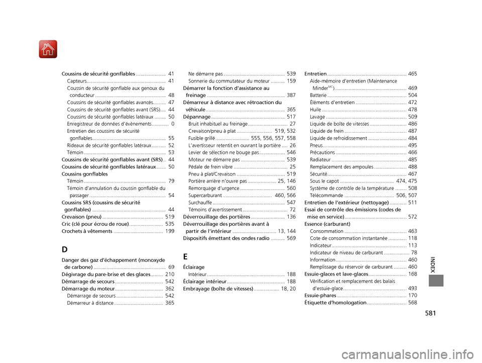 Acura TLX 2018  Manuel du propriétaire (in French) 581
INDEX
Coussins de sécurité gonflables.....................  41
Capteurs........................................................  41
Coussin de sécurité gonflable aux genoux du 
conducteur ....