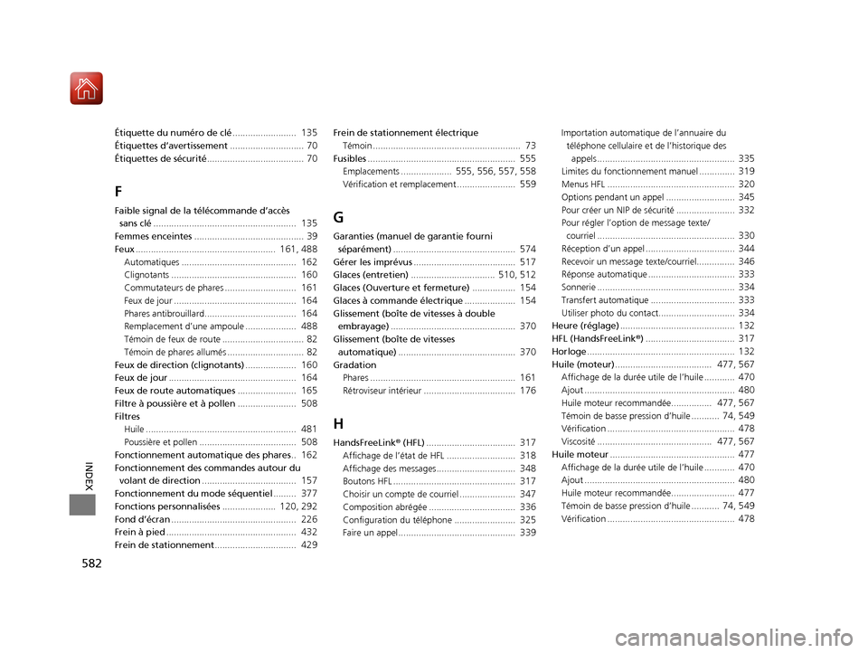 Acura TLX 2018  Manuel du propriétaire (in French) 582
INDEX
Étiquette du numéro de clé.........................  135
Étiquettes d’avertissement............................. 70
Étiquettes de sécurité...................................... 70
F