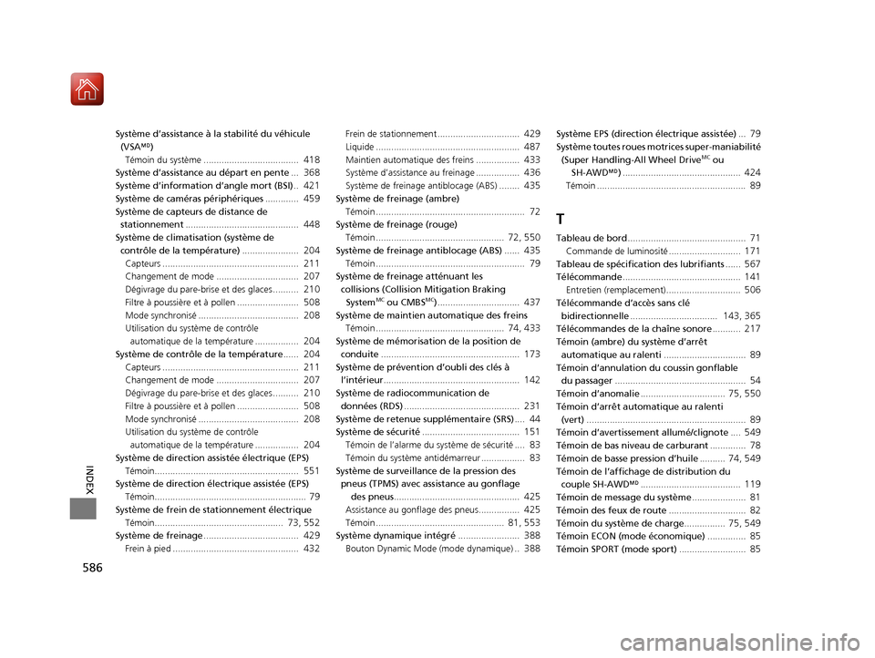Acura TLX 2018  Manuel du propriétaire (in French) 586
INDEX
Système d’assistance à la stabilité du véhicule (VSA M)
Témoin du système .....................................  
418
Système d’assistance au départ en pente ...  368
Système d�