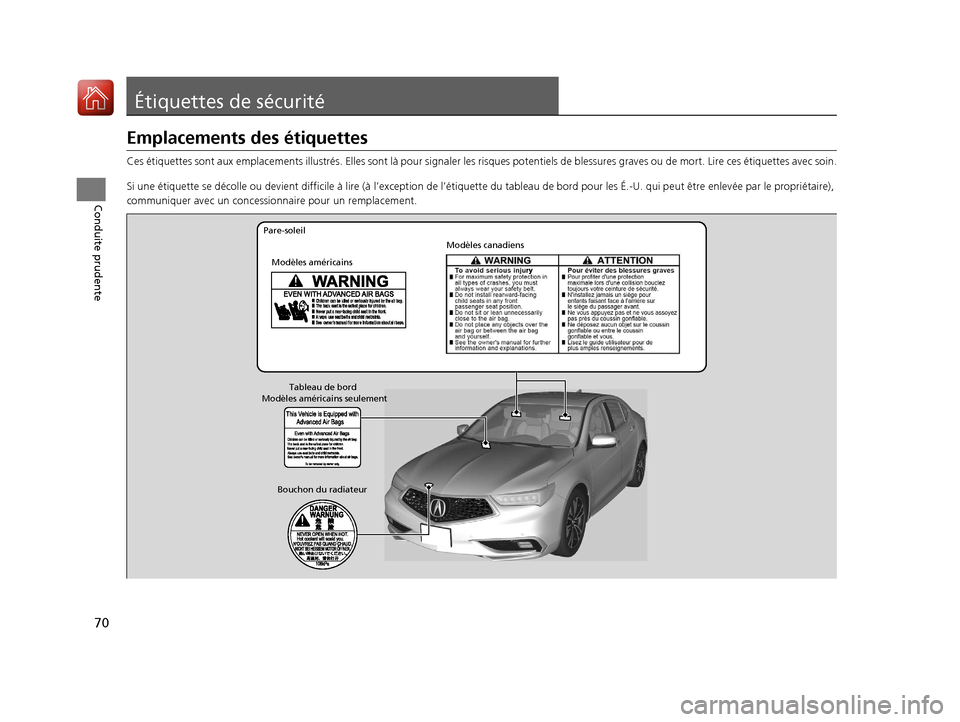 Acura TLX 2018 Manuel du propriétaire (in French) 70
Conduite prudente
Étiquettes de sécurité
Emplacements des étiquettes
Ces étiquettes sont aux emplacements illustrés. Elles sont là pour signaler les risques potentiels de blessures graves ou Acura TLX 2018 Manuel du propriétaire (in French) 70
Conduite prudente
Étiquettes de sécurité
Emplacements des étiquettes
Ces étiquettes sont aux emplacements illustrés. Elles sont là pour signaler les risques potentiels de blessures graves ou
