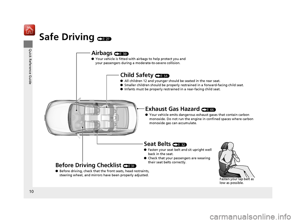 Acura TLX 2017 User Guide 10
Quick Reference Guide
Safe Driving (P 27)
Airbags (P 39)
● Your vehicle is fitted with ai rbags to help protect you and 
your passengers during a moderate-to-severe collision.
Child Safety (P 54)