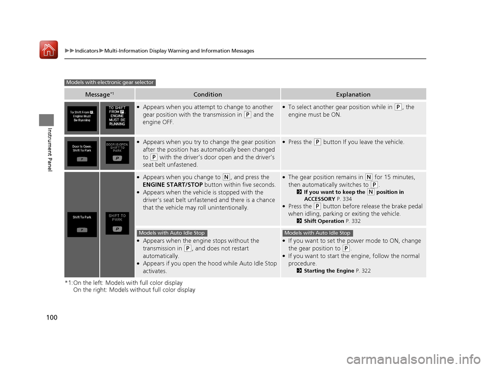 Acura TLX 2017  Owners Manual 100
uuIndicators uMulti-Information Display Warn ing and Information Messages
Instrument Panel
*1:On the left: Models with full color display
On the right: Models wi thout full color display
Message*1