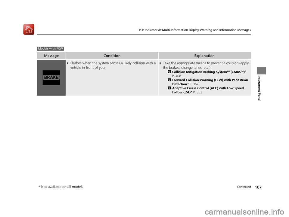 Acura TLX 2017  Owners Manual 107
uuIndicators uMulti-Information Display Warning and Information Messages
Continued
Instrument Panel
MessageConditionExplanation
●Flashes when the system sens es a likely collision with a 
vehicl