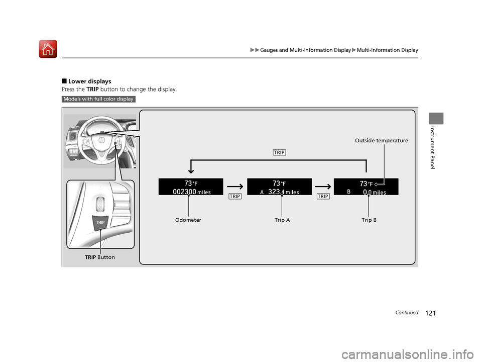 Acura TLX 2017 Workshop Manual 121
uuGauges and Multi-Information Display uMulti-Information Display
Continued
Instrument Panel
■Lower displays
Press the TRIP button to change the display.
Models with full color display
Odometer Acura TLX 2017 Workshop Manual 121
uuGauges and Multi-Information Display uMulti-Information Display
Continued
Instrument Panel
■Lower displays
Press the TRIP button to change the display.
Models with full color display
Odometer