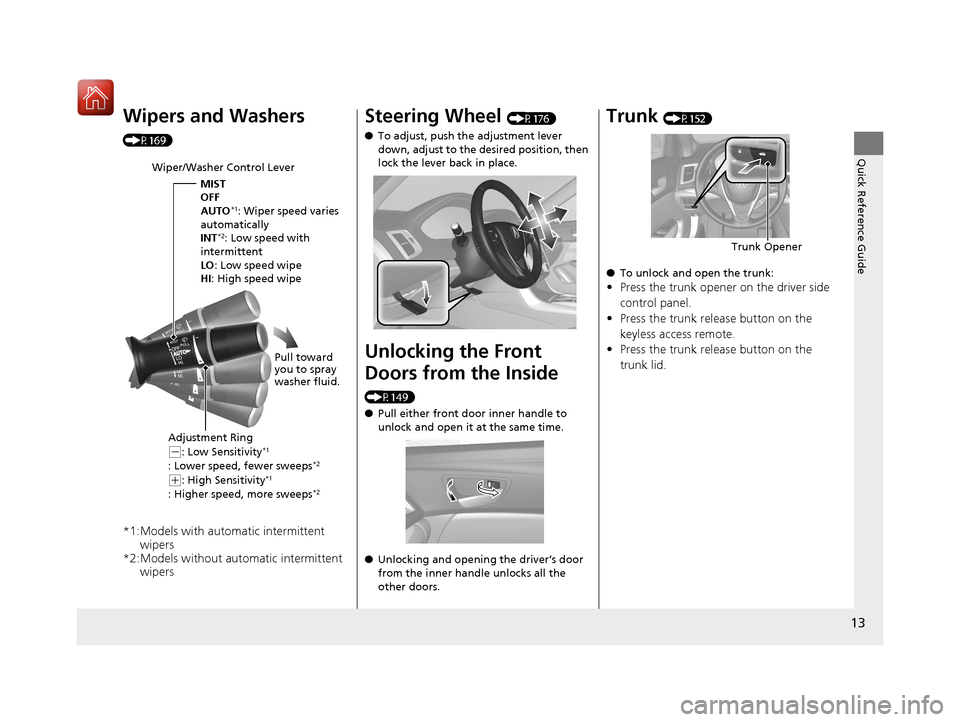 Acura TLX 2017  Owners Manual 13
Quick Reference Guide
Wipers and Washers 
(P169)
*1:Models with automatic intermittent wipers
*2:Models without automatic intermittent  wipers
Wiper/Washer Control Lever
MIST
OFF
AUTO
*1: Wiper spe