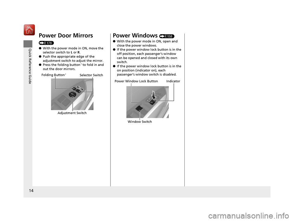 Acura TLX 2017  Owners Manual 14
Quick Reference Guide
Power Door Mirrors 
(P178)
●With the power mode in ON, move the 
selector switch to  L or R .
● Push the appropriate edge of the 
adjustment switch to adjust the mirror.
�
