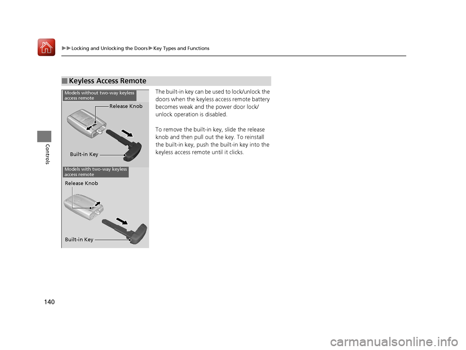 Acura TLX 2017 Workshop Manual 140
uuLocking and Unlocking the Doors uKey Types and Functions
Controls
The built-in key can be us ed to lock/unlock the
doors when the keyless access remote battery
becomes weak and th e power doo Acura TLX 2017 Workshop Manual 140
uuLocking and Unlocking the Doors uKey Types and Functions
Controls
The built-in key can be us ed to lock/unlock the
doors when the keyless access remote battery
becomes weak and th e power doo