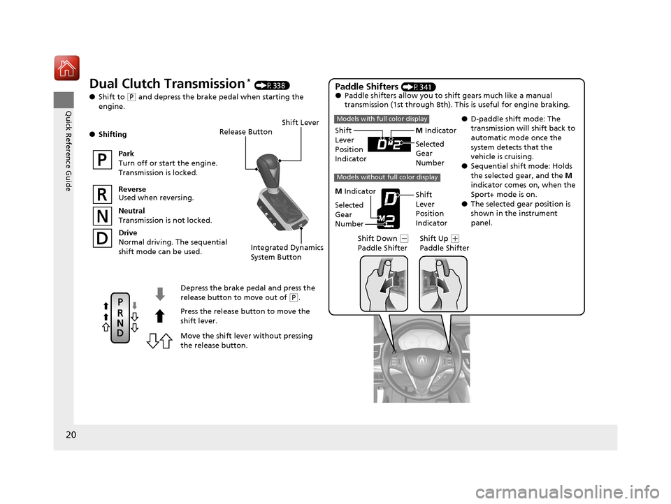 Acura TLX 2017  Owners Manual 20
Quick Reference Guide
Release Button
Depress the brake pedal and press the 
release button to move out of 
( P.
Move the shift lever without pressing 
the release button. Press the release button t