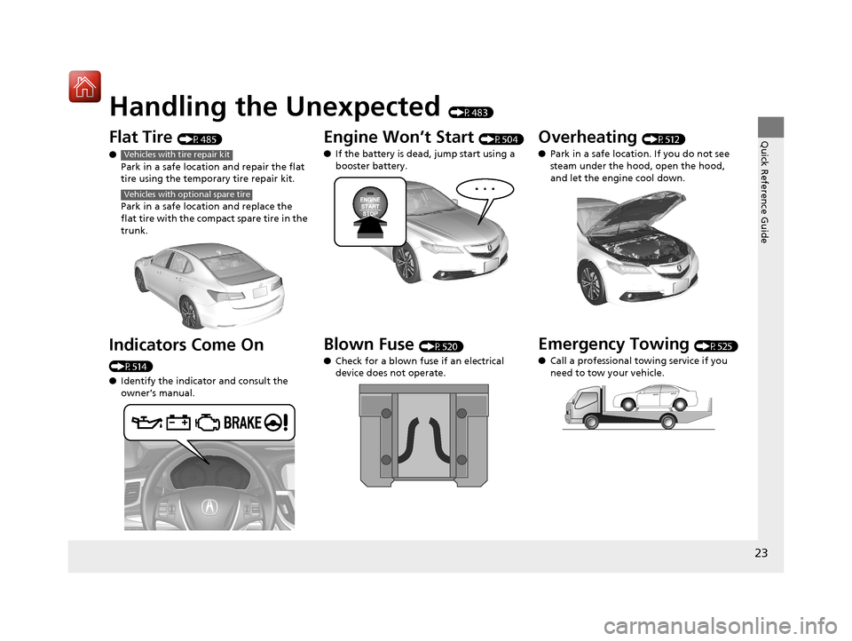 Acura TLX 2017 Owners Manual Quick Reference Guide
23
Handling the Unexpected (P483)
Flat Tire (P485)
● Park in a safe location and repair the flat
tire using the temporary tire repair kit.
Park in a safe location and replace Acura TLX 2017 Owners Manual Quick Reference Guide
23
Handling the Unexpected (P483)
Flat Tire (P485)
● Park in a safe location and repair the flat
tire using the temporary tire repair kit.
Park in a safe location and replace
