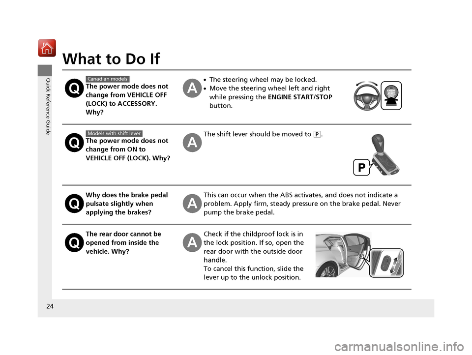 Acura TLX 2017 Owners Guide 24
Quick Reference Guide
What to Do If
The power mode does not 
change from VEHICLE OFF 
(LOCK) to ACCESSORY. 
Why?
●The steering wheel may be locked.
●Move the steering wheel left and right 
whil
