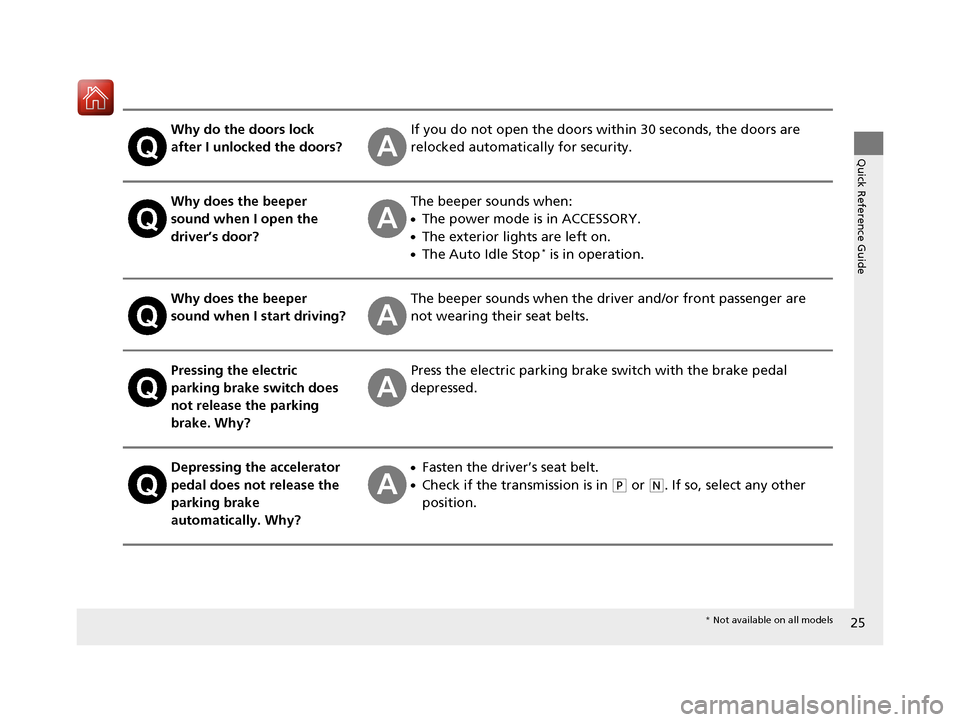 Acura TLX 2017 Owners Guide 25
Quick Reference Guide
Why do the doors lock
after I unlocked the doors?If you do not open the doors within 30 seconds, the doors are
relocked automatically for security.
Why does the beeper
soun Acura TLX 2017 Owners Guide 25
Quick Reference Guide
Why do the doors lock
after I unlocked the doors?If you do not open the doors within 30 seconds, the doors are
relocked automatically for security.
Why does the beeper
soun