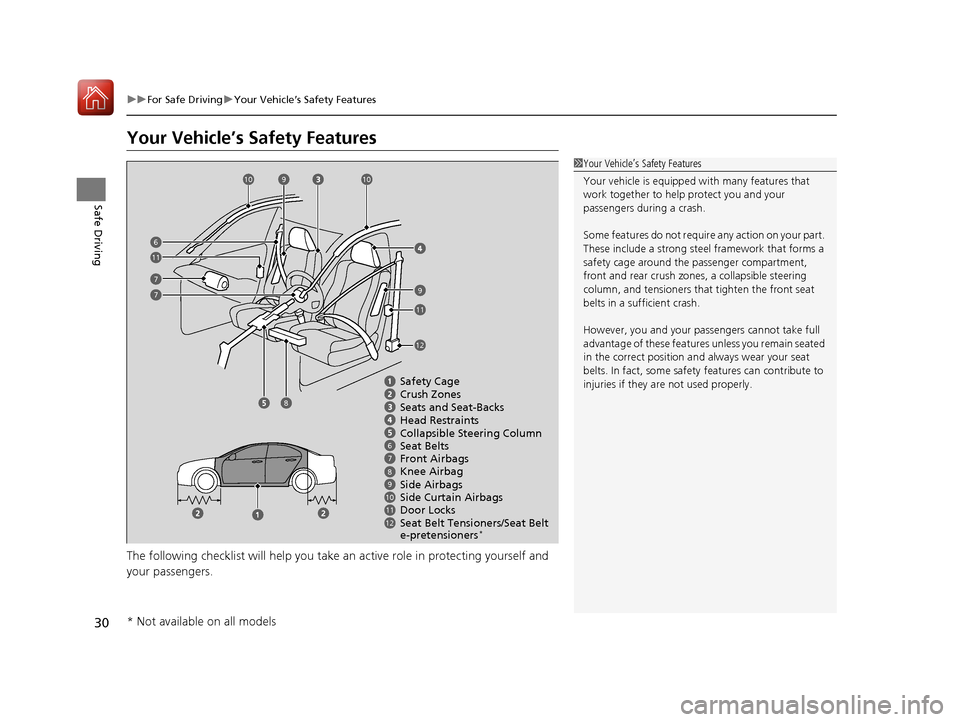 Acura TLX 2017 Owners Guide 30
uuFor Safe Driving uYour Vehicle’s Safety Features
Safe Driving
Your Vehicle’s Safety Features
The following checklist will help you take an active role in protecting yourself and
your passen Acura TLX 2017 Owners Guide 30
uuFor Safe Driving uYour Vehicle’s Safety Features
Safe Driving
Your Vehicle’s Safety Features
The following checklist will help you take an active role in protecting yourself and
your passen