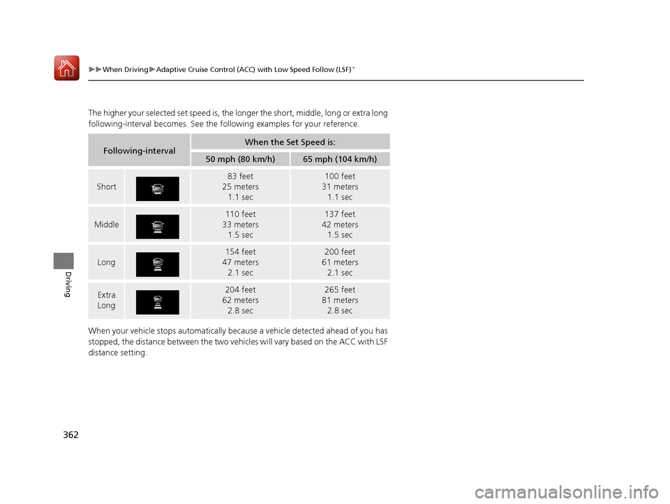 Acura TLX 2017 Owners Manual 362
uuWhen Driving uAdaptive Cruise Control (ACC) with Low Speed Follow (LSF)*
Driving
The higher your selected set speed is, the lo nger the short, middle, long or extra long
following-interval beco Acura TLX 2017 Owners Manual 362
uuWhen Driving uAdaptive Cruise Control (ACC) with Low Speed Follow (LSF)*
Driving
The higher your selected set speed is, the lo nger the short, middle, long or extra long
following-interval beco