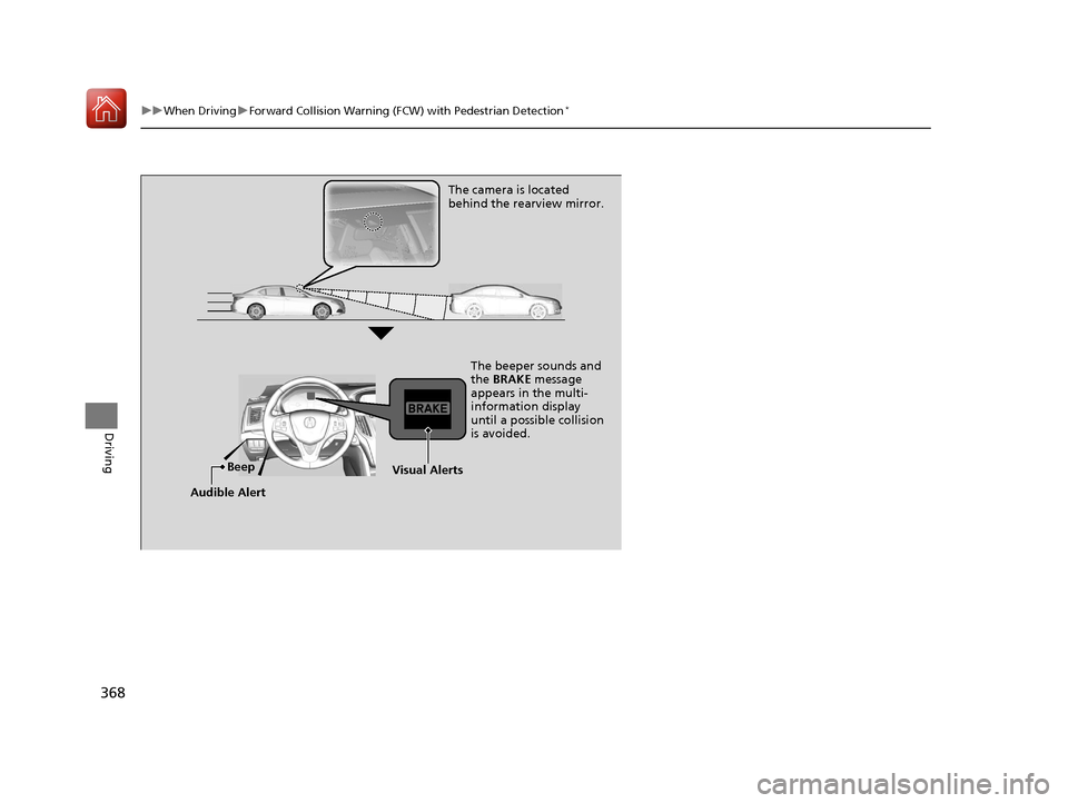 Acura TLX 2017  Owners Manual 368
uuWhen Driving uForward Collision Warning (FCW ) with Pedestrian Detection*
Driving
The camera is located 
behind the rearview mirror.
The beeper sounds and 
the BRAKE message 
appears in the mult