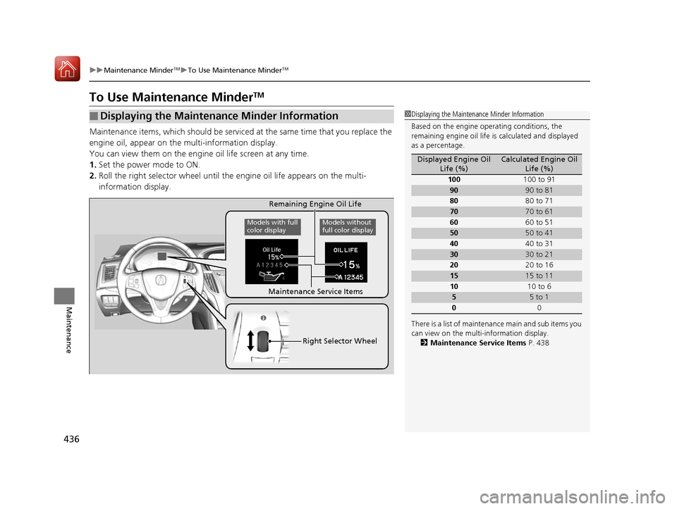Acura TLX 2017 Owners Manual 436
uuMaintenance MinderTMuTo Use Maintenance MinderTM
Maintenance
To Use Maintenance MinderTM
Maintenance items, which should be serviced at the same time that you replace the
engine oil, appear on Acura TLX 2017 Owners Manual 436
uuMaintenance MinderTMuTo Use Maintenance MinderTM
Maintenance
To Use Maintenance MinderTM
Maintenance items, which should be serviced at the same time that you replace the
engine oil, appear on