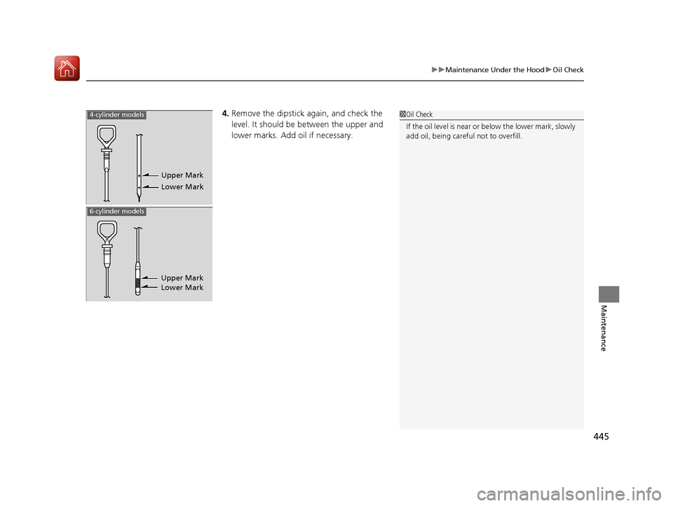 Acura TLX 2017  Owners Manual 445
uuMaintenance Under the Hood uOil Check
Maintenance
4. Remove the dipstick again, and check the 
level. It should be between the upper and 
lower marks. Add oil if necessary.1Oil Check
If the oil 