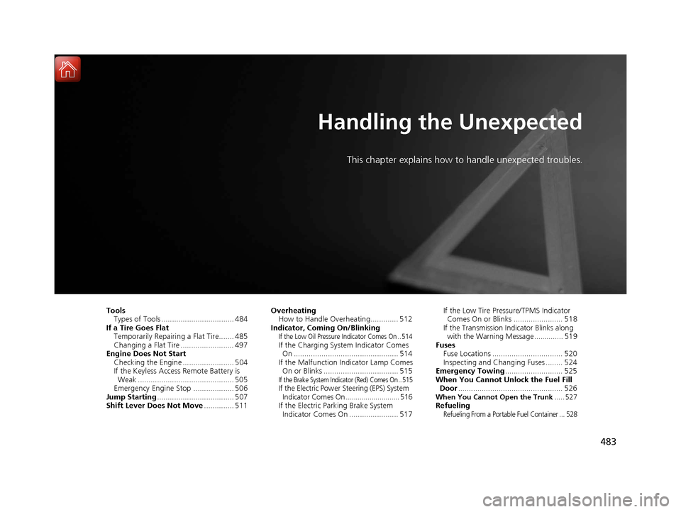 Acura TLX 2017  Owners Manual 483
Handling the Unexpected
This chapter explains how to handle unexpected troubles.
ToolsTypes of Tools .................................. 484
If a Tire Goes Flat Temporarily Repairi ng a Flat Tire..