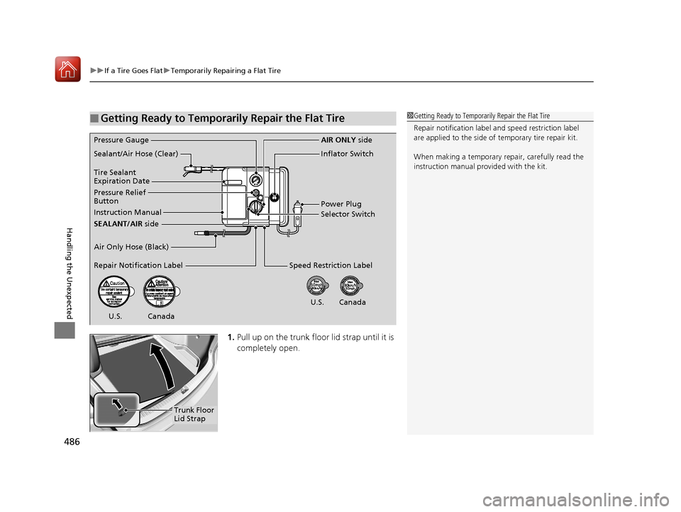 Acura TLX 2017 Owners Manual uuIf a Tire Goes Flat uTemporarily Repairing a Flat Tire
486
Handling the Unexpected
1. Pull up on the trunk floor lid strap until it is
completely open.
■Getting Ready to Temporarily Repair the Fl Acura TLX 2017 Owners Manual uuIf a Tire Goes Flat uTemporarily Repairing a Flat Tire
486
Handling the Unexpected
1. Pull up on the trunk floor lid strap until it is
completely open.
■Getting Ready to Temporarily Repair the Fl