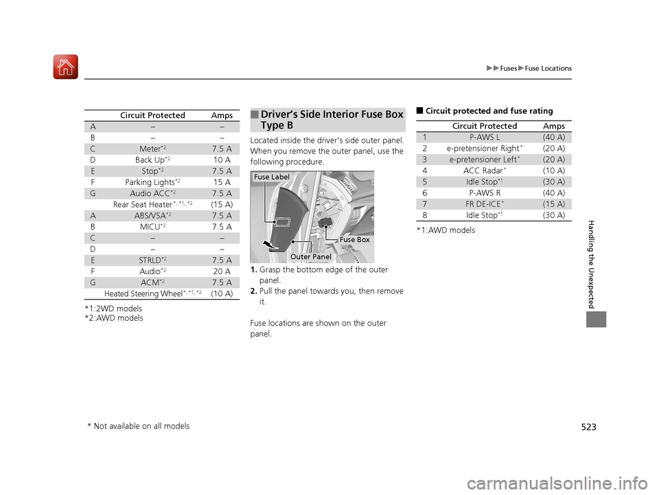 Acura TLX 2017  Owners Manual 523
uuFuses uFuse Locations
Handling the Unexpected
*1:2WD models
*2:AWD models
Circuit ProtectedAmps
A−−
B− −
CMeter*27.5 A
DBack Up*210 A
EStop*27.5 A
F Parking Lights*215 A
GAudio ACC*27.5 