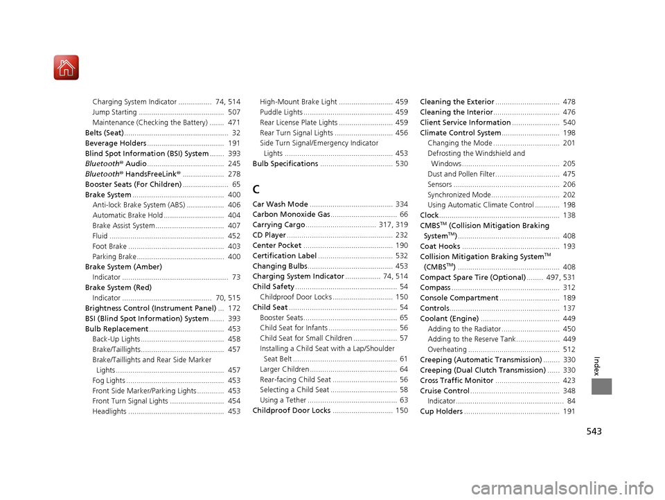 Acura TLX 2017  Owners Manual 543
Index
Charging System Indicator ................  74, 514
Jump Starting .........................................  507
Maintenance (Checking the Battery) .......  471
Belts (Seat) ................